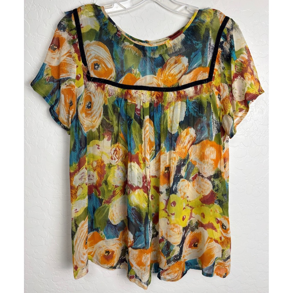 One Fine Day Floral Sheer Rayon‎ Blouse Velvet Trim Fringe Yellow Orange M 2422
